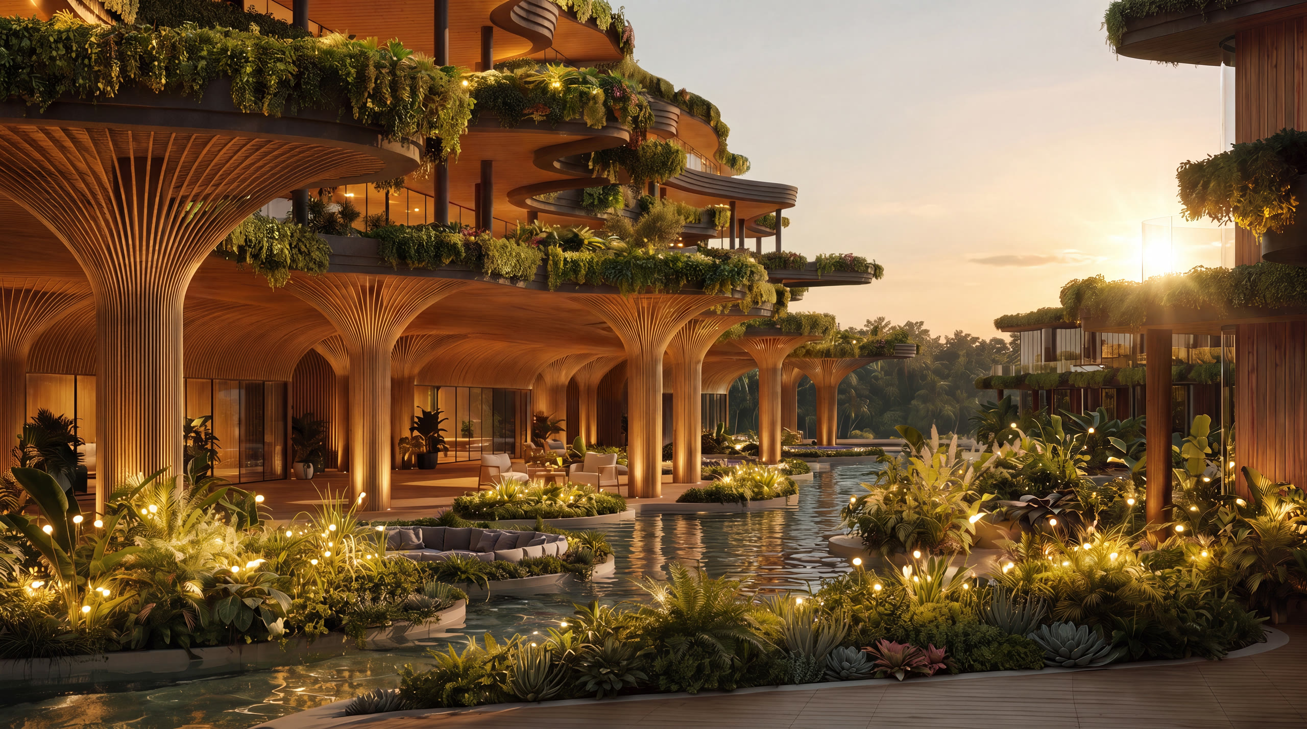 The VARA resort exterior above Jimbaran — tiered planted terraces, pools and gardens