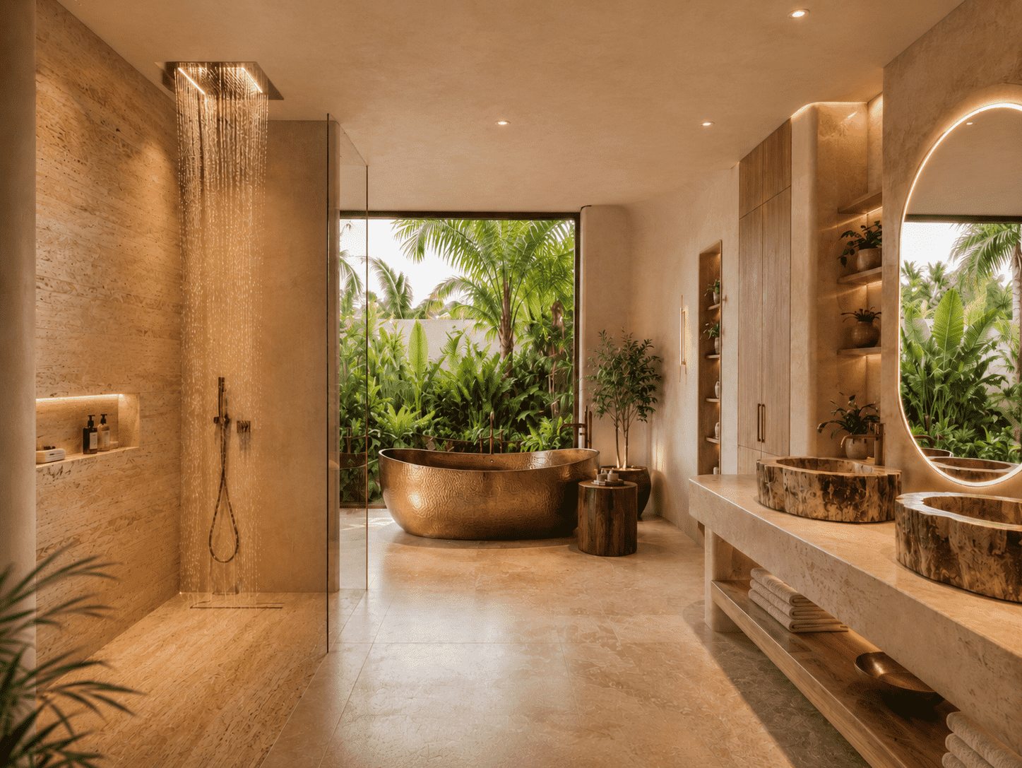 Villa bathroom with a hand-hammered copper bathtub, petrified-wood basins and a garden shower