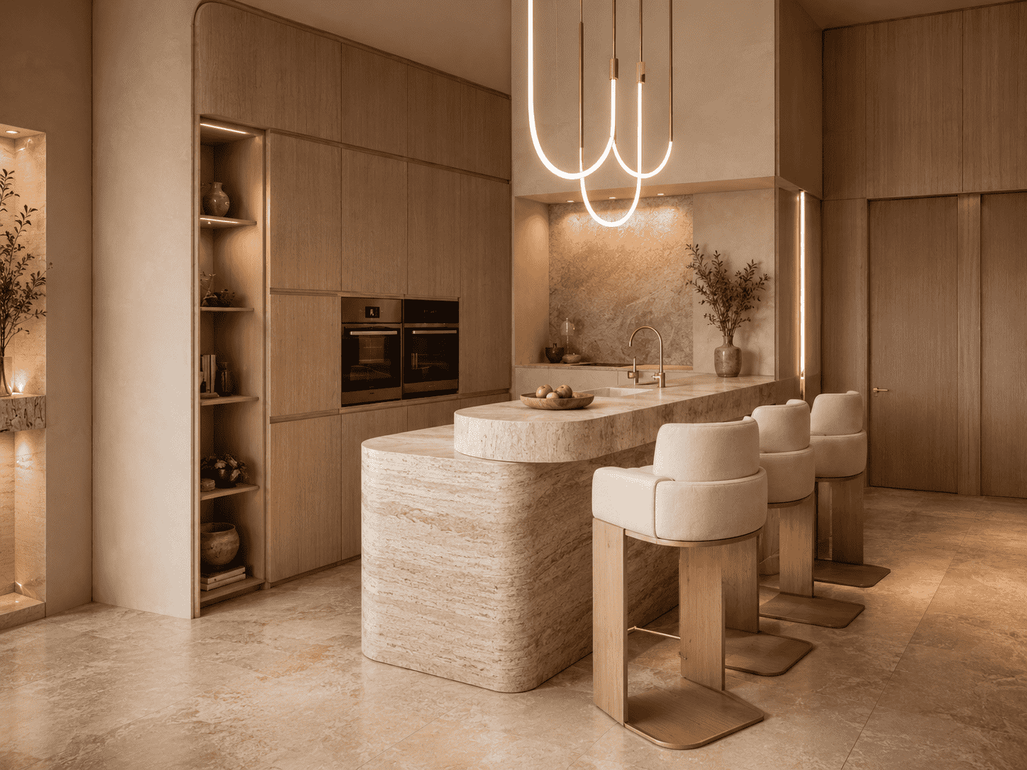Villa kitchen in stone and pale timber under warm tunable lighting